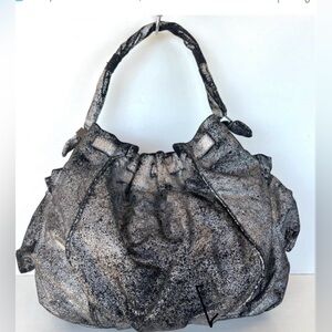 Botkier Black Metallic Silver Sparkle Shimmer Pleated Fabric Hobo Shoulder Tote